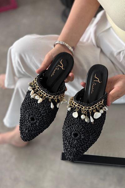 SHOEBELLAS Clon Black Straw Knitted Women's Slippers with Seashell Detail