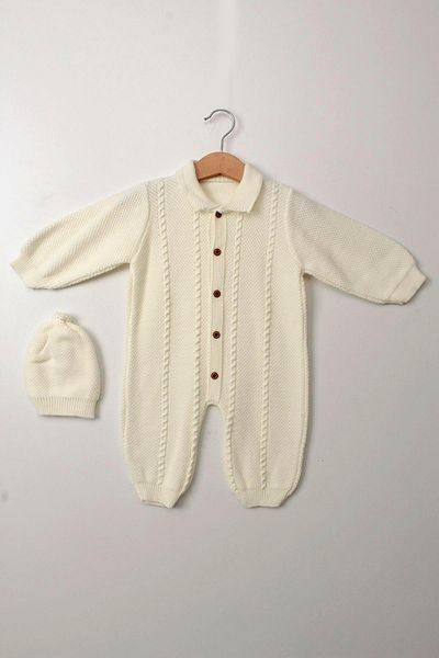 Çocuksan Baby&Kids Wear White Unisex Baby Jumpsuit Knitwear Hat Buttoned Winter Long Sleeve Newborn Knit Suit