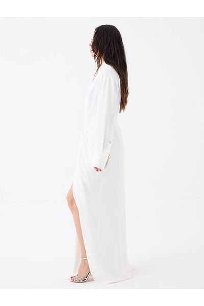 RİVUS Deep V-Neck Gathered Front Maxi Dress - White