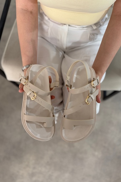 SHOEBELLAS Hessa Beige Women's Sandals with Flip Flop Detail