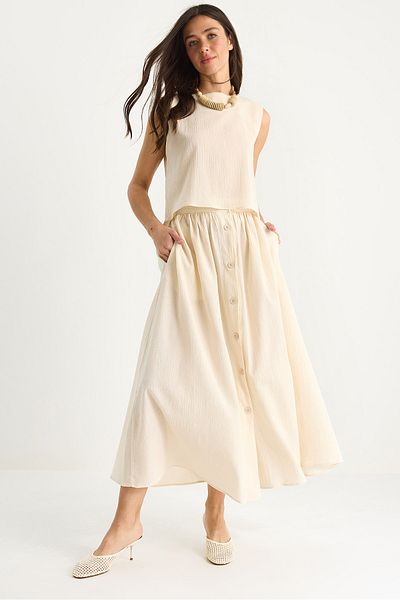 Bianco Lucci Women's Thick Strap Short with Blouse Button Detailed Flared Long Skirt Linen Top and Bottom Set 9322 60281055