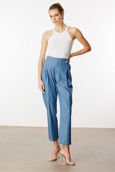 Moda İlgi Modailgi μακριά ζώνη με λεπτομέρεια διπλό πλισέ παντελόνι καρότο - 15004 μπλε