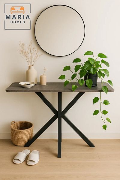 MARIA HOMES Grey Console Table 120x40x77cm with Black Cross Legs – Modern Hallway & Entryway Accent Table