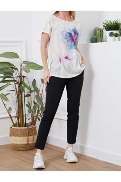 ZY BUTİK White Blouse with Blue Flowers