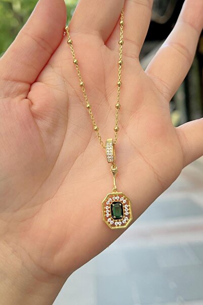 Erer Gümüş Gümüş seranay yeşil taşlı toplu zincirli kolye