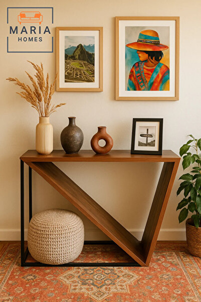 MARIA HOMES طاولة وحدة تحكم خشبية هندسية على شكل حرف V - 120 × 80 × 85 سم، لمسة عصرية للمدخل بإطار أسود