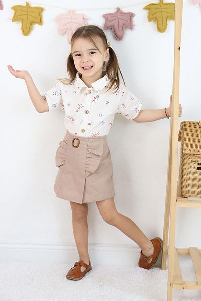 Çocuksan Baby&Kids Wear Girl's Brown Shirt Shorts Skirt Set - Floral Patterned Set of 2 - Casual, Holiday