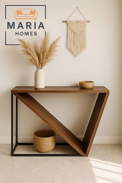 MARIA HOMES Geometric V-Shaped Wooden Console Table – 120x80x85cm Modern Entryway Accent with Black Frame
