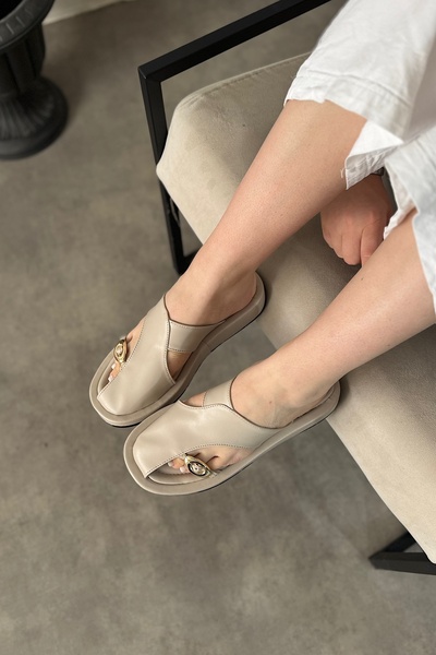 SHOEBELLAS Mendan Beige Gold Buckle Detailed Women's Sandals