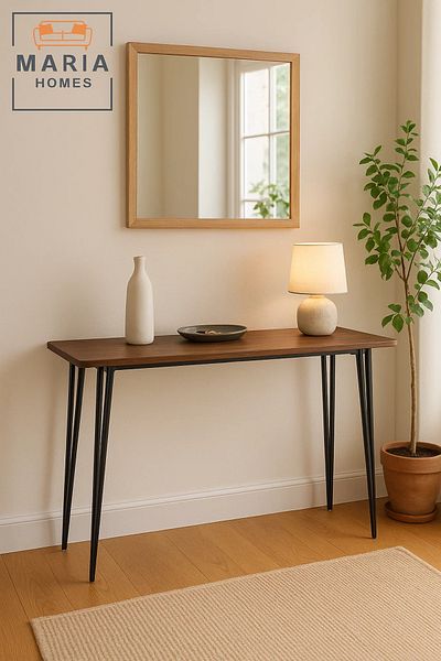 MARIA HOMES Modern Console Table 120x40x80cm – Walnut Finish Top with Sleek Black Metal Hairpin Legs