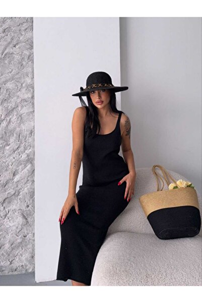 LE CARAMBOLE Women's Black Strappy Long Summer Knitwear Dress