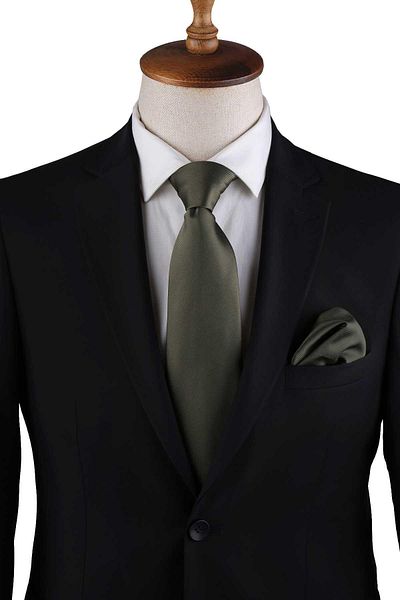 Kravatkolik Khaki Reps Textured Classic Tie with Plain Handkerchief Kk13182