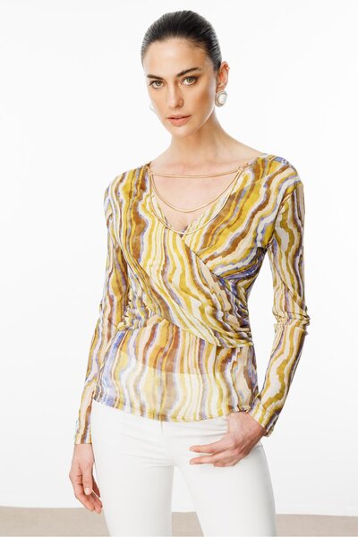 Moda İlgi Modailgi Zincir Aksesuarlı Uzun Kollu Kruvaze Tül Bluz Asit