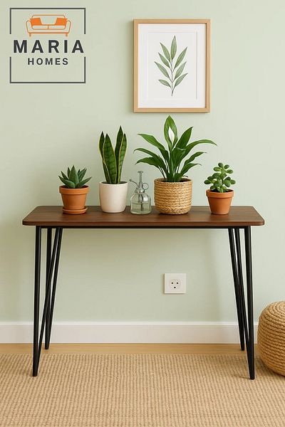 MARIA HOMES Modern Console Table 120x40x80cm – Walnut Finish Top with Sleek Black Metal Hairpin Legs