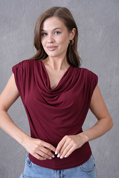 bayansepeti Жіноча блуза з декольте, рукавами без рукавів, бордового кольору, з підкладкою 8113