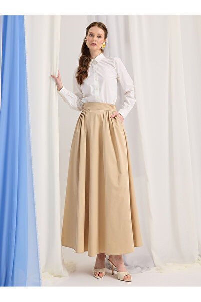 Store Wf Beige 100% Poplin Cotton Pleated Skirt