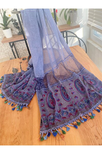 Bohemian Women's Imported Organic Cotton Embroidered Tassel Lace Detailed Voile Shawl 1608084