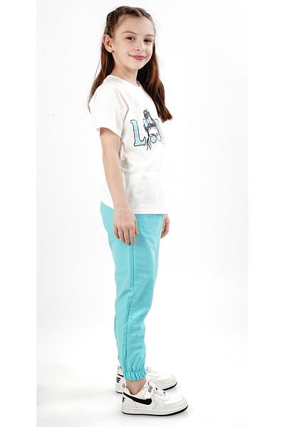 Çocuksan Baby&Kids Wear Girl's Love Printed T-Shirt and Turquoise Sweatpants Double Summer Set