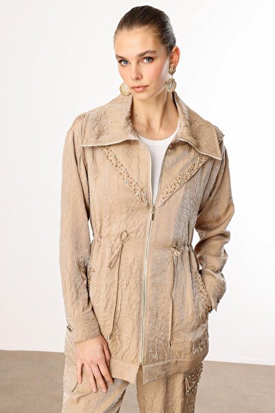 Moda İlgi Modailgi Devrik Yaka Fermuar Kapamalı İnci ve Havalı Dikiş Detaylı Tunik Camel