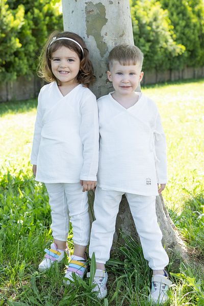Sarebaby Muslin Baby Set Lace up Model Bottom Top Set 100% Natural Cotton Ecru
