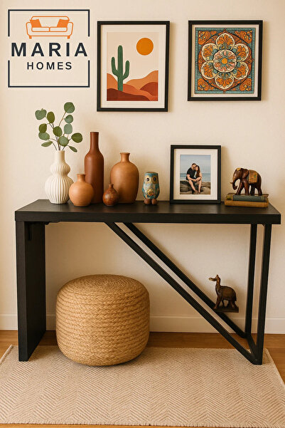 MARIA HOMES Modern Black Console Table 120x40x77cm – Minimalist Design with Diagonal Metal Support Frame