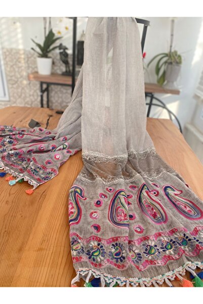 Bohemian Women's Imported Organic Cotton Embroidered Tassel Lace Detailed Voile Shawl 1608087