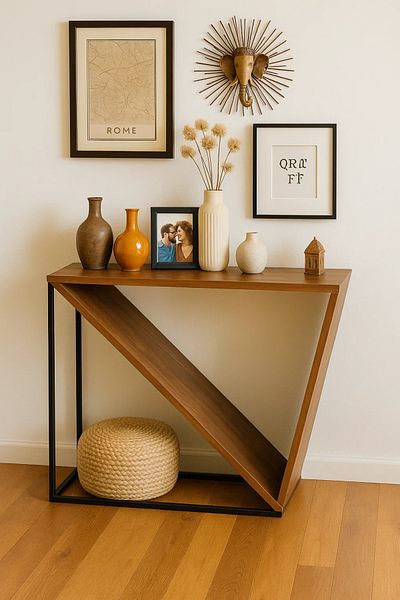 MARIA HOMES Geometric V-Shaped Wooden Console Table – 120x80x85cm Modern Entryway Accent with Black Frame