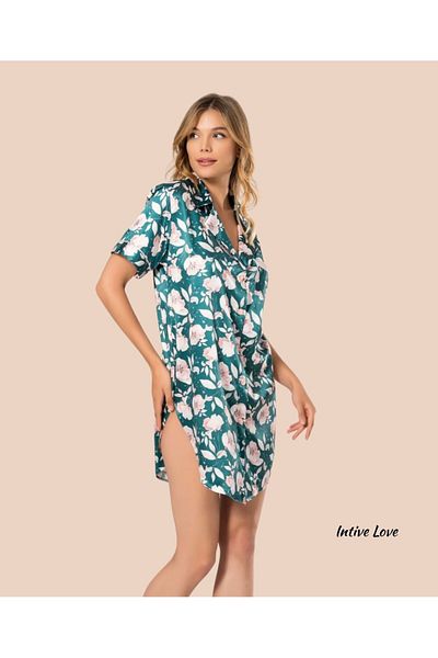 İntive Lingerie Moongirl Petrol Blue Powder Floral μοτίβο εμπριμέ πουκάμισο με κοντό μανίκι σατέν νυχτικό