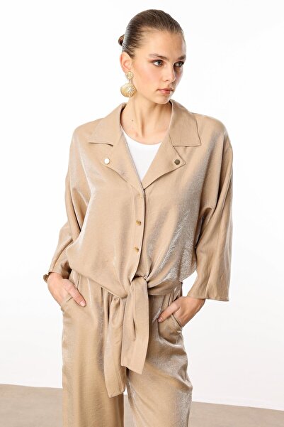 Moda İlgi Modailgi Mono γιακά μανίκι νυχτερίδα με λεπτομέρεια μπροστινό δέσιμο κοντό πουκάμισο Camel