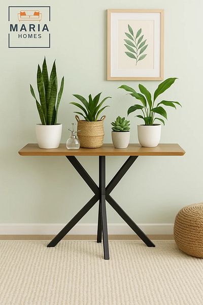 MARIA HOMES Modern Console Table 120x40x77cm with Black Metal Cross Legs and Wooden Top – Sleek Hallway Accent