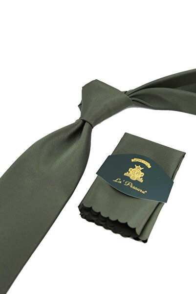 Kravatkolik Khaki Reps Textured Classic Tie with Plain Handkerchief Kk13182