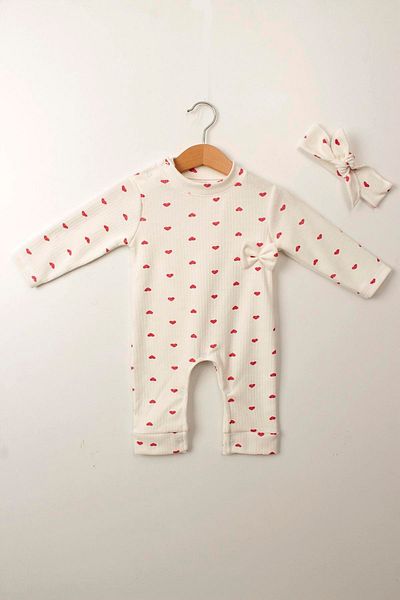 Çocuksan Baby&Kids Wear Baby Romper Set - Hearted Pattern - Long Sleeve Romper and Headband - 100% Cotton