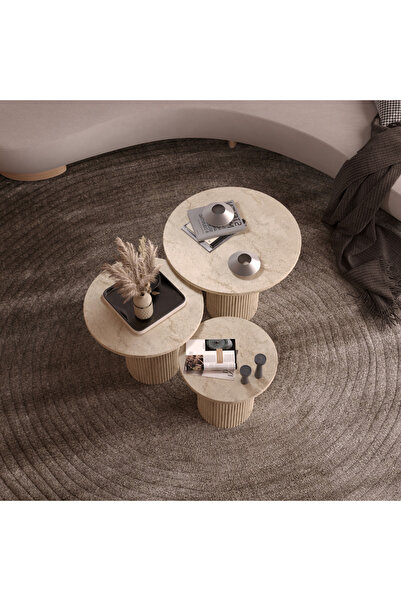 klubeconcept Bohem Traverten Desenli 3'lü Silindirik Orta Sehpa Seti 100% MDF