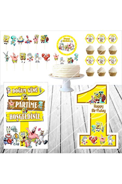 SİYAH PARTİ EVİ 1 Year Old Spongebob Birthday Cake Decoration Footed Board Set
