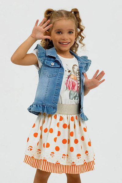 XORVİO Girl's Orange Polka Dot 4-Piece Set Crew Neck Combed Cotton Bag Vest Skirt Dress Set