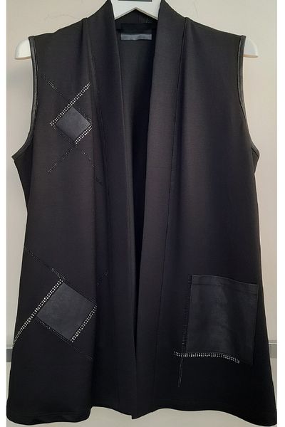 N.Y.YILDIZ STAR Leather Jewelled Steel Cotton Plus Size Mother Vest - Shawl Collar, No Button, Short Length