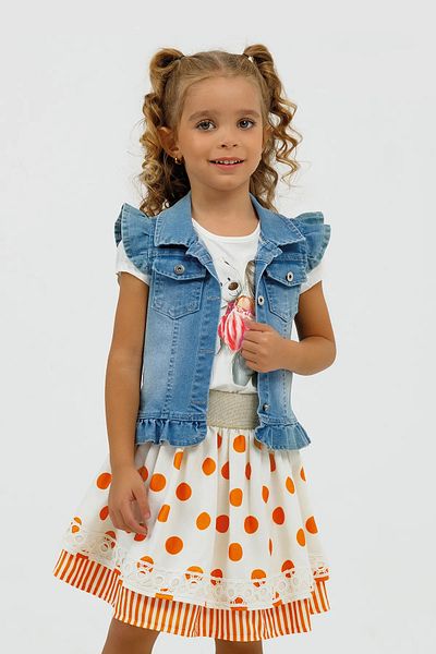 XORVİO Girl's Orange Polka Dot 4-Piece Set Crew Neck Combed Cotton Bag Vest Skirt Dress Set