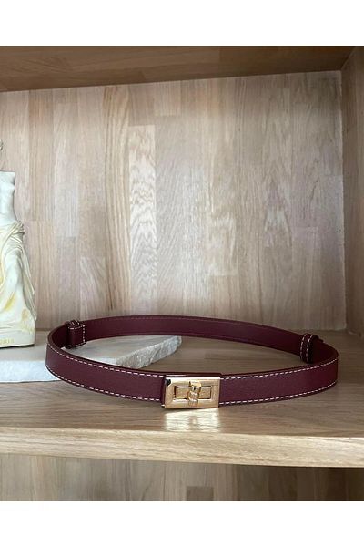 Tina Burgundy Stitched Gold Buckle Belt - 2.5cm