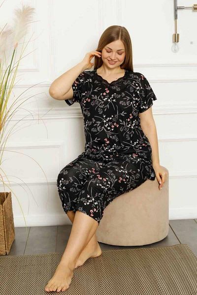 ALİMER Set de pijamale bermude de damă, negru, cu mâneci scurte, cu decolteu în V, EDY2707B-S