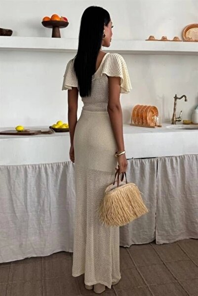 Lijuri Deep Collar and Mesh Detailed Knitwear Dress 2867