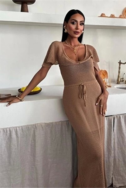 Genel Markalar Derin Yakalı Ve File Detaylı Triko Elbise 2867
