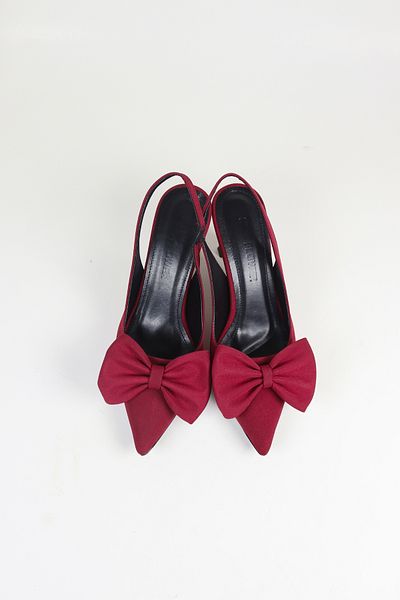 NiceDiffer Pantofi cu toc din stofă cu fundă de culoare burgundă de damă, cu toc de 7 cm