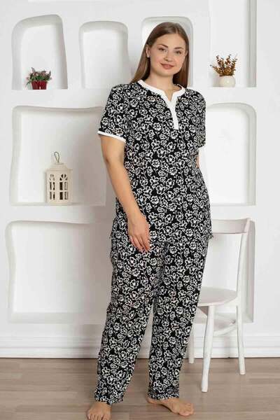 ALİMER Black Floral Patterned Large Size Pajama Set 2795Kyb