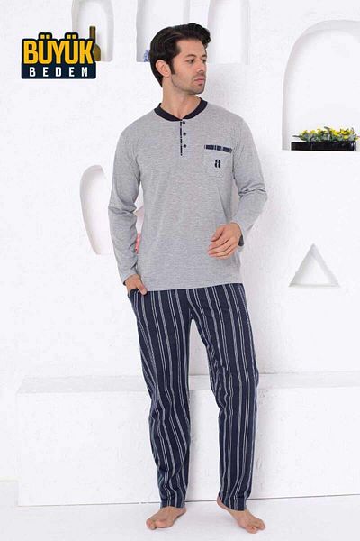 ALİMER Gray Large Size Striped Men's Pajamas Set 1191UYB