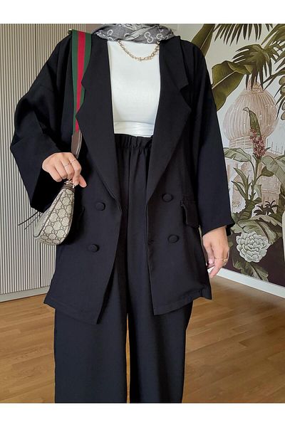 ASEL FASHİON Black Buttoned Summer Crepe Double Suit – Wide Legs & Jacket