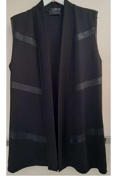 N.Y.YILDIZ STAR Leather Jewelled Steel Cotton Plus Size Mother Vest - Shawl Collar, No Button, Short Length