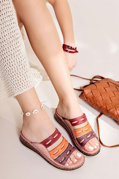 Limoya Γνήσιο δέρμα Joelle Skin Color, Beige Claret Red Purple Orange Comfort Laser Cut Γυναικείες παντόφλες