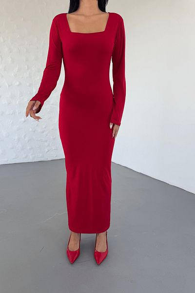 giyimmasalı Jersey Fabric Square Neck Pencil Dress - Red