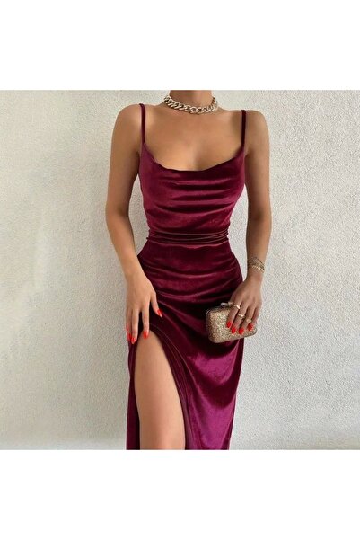 ARONA Women's Strappy Velvet Midi Dress with Slash Neck and Slit