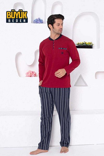 ALİMER Claret Red Large Size Striped Men's Pajamas Set 1191UYB